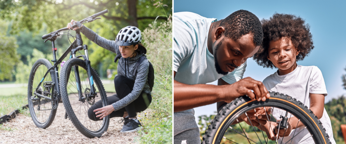 Two images of bike riders checking their bikes.