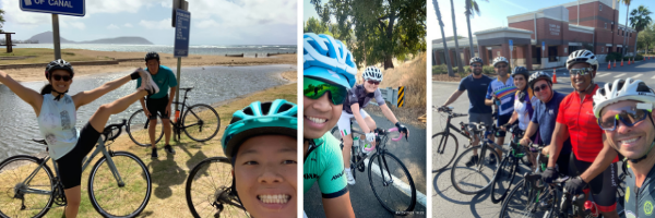 Three photos of smiling bicyclists.