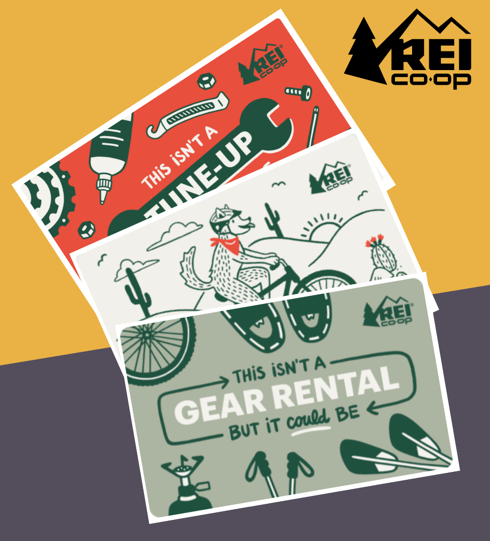 4 x $25 gift cards for REI Whether you want to treat yourself to some new biking gear or put it towards a tune-up for your trust steed, it's up to you with this gift card! We have four to be won. 4 x $25 gift cards for REI Whether you want to treat yourself to some new biking gear or put it towards a tune-up for your trust steed, it's up to you with this gift card! We have four to be won.