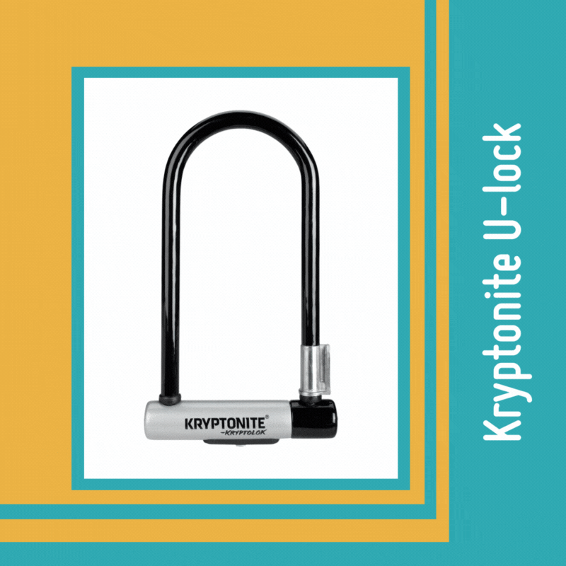 A square asset with a blue and yellow stripey background. Text at the top reads ‘Kryptonite U-lock’. An image of a black bike lock is in the centre with a red frame around it. A square asset with a blue and yellow stripey background. Text at the top reads ‘Kryptonite U-lock’. An image of a black bike lock is in the centre with a red frame around it.