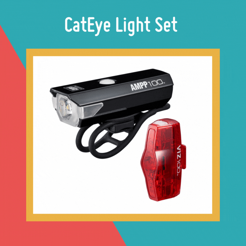 A square asset with a blue and red background. Text at the top reads ‘CatEye Light set’. An image of a black bike light and red back light is in the centre with a yellow frame around it. A square asset with a blue and red background. Text at the top reads ‘CatEye Light set’. An image of a black bike light and red back light is in the centre with a yellow frame around it.