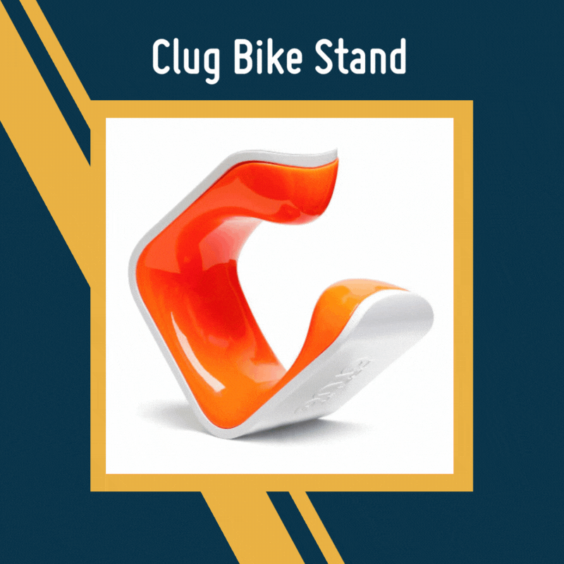 A square asset with a blue and red background. Text at the top reads ‘Clug Bike Stands’. An image of 5 packets of bike stands is in the centre with a yellow frame around it. A square asset with a blue and red background. Text at the top reads ‘Clug Bike Stands’. An image of 5 packets of bike stands is in the centre with a yellow frame around it.