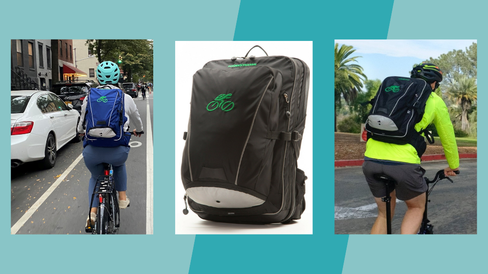 a collage of 3 photos. Two people riding bikes wearing the shellback backpack, and an image of the product alone on a white background a collage of 3 photos. Two people riding bikes wearing the shellback backpack, and an image of the product alone on a white background