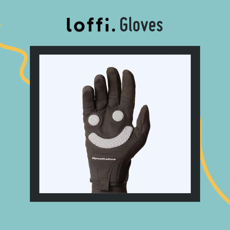 A black glove with a smiley face on the palm surrounded by a light blue border and the text Loffi Gloves A black glove with a smiley face on the palm surrounded by a light blue border and the text Loffi Gloves