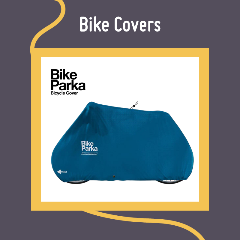a blue bike cover stretched over a bike with the Bike Parka logo on a white background. A yellow and gray border surrounds, with the text Bike Covers a blue bike cover stretched over a bike with the Bike Parka logo on a white background. A yellow and gray border surrounds, with the text Bike Covers