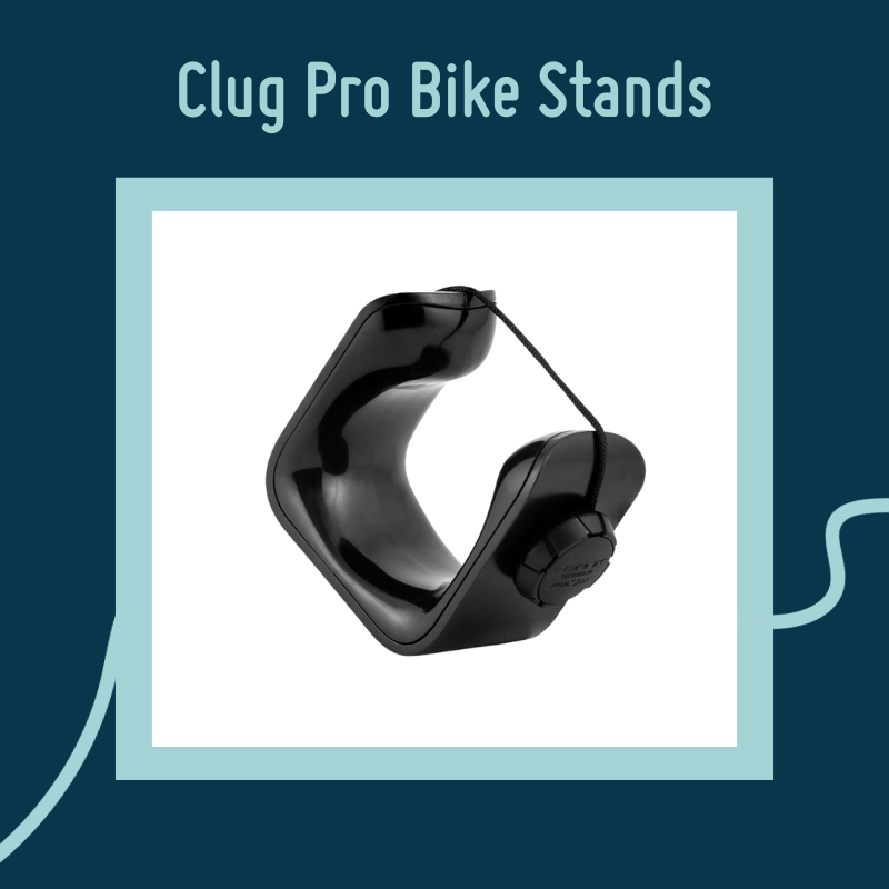 A black bike stand on a white background with a navy border and the text Clug Pro Bike Stands A black bike stand on a white background with a navy border and the text Clug Pro Bike Stands