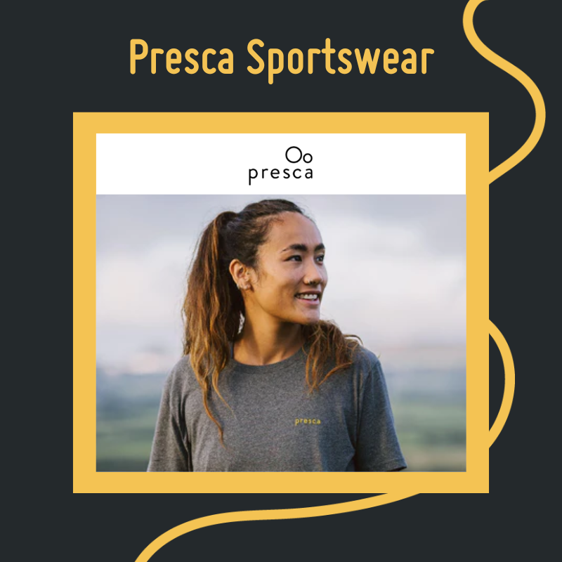 Image of a woman wearing a Presca sweatshirt on a black and yellow background with the Presca logo and the text Presca Sportswear Image of a woman wearing a Presca sweatshirt on a black and yellow background with the Presca logo and the text Presca Sportswear