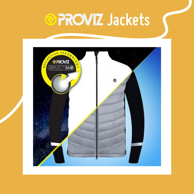 A yellow square asset with Proviz jackets at the top. In the centre is a square image of a Proviz reflect360 jacket. A yellow square asset with Proviz jackets at the top. In the centre is a square image of a Proviz reflect360 jacket.