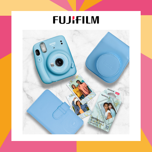 Blue Fujifilm Instax camera with case and photos Blue Fujifilm Instax camera with case and photos