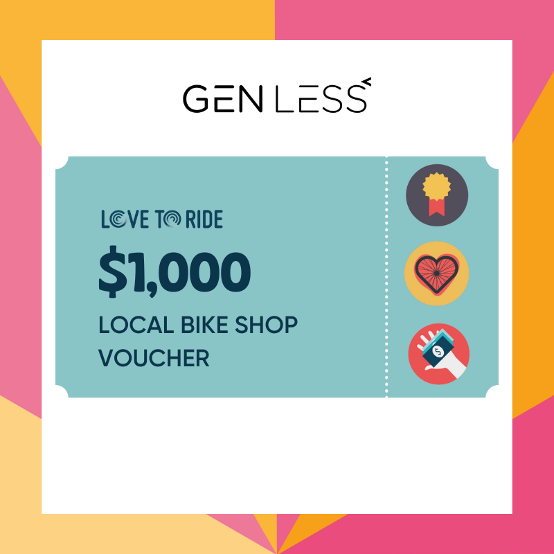 Square asset with pink and yellow border, with an image of a $1,000 local bike shop voucher in the middle. Square asset with pink and yellow border, with an image of a $1,000 local bike shop voucher in the middle.