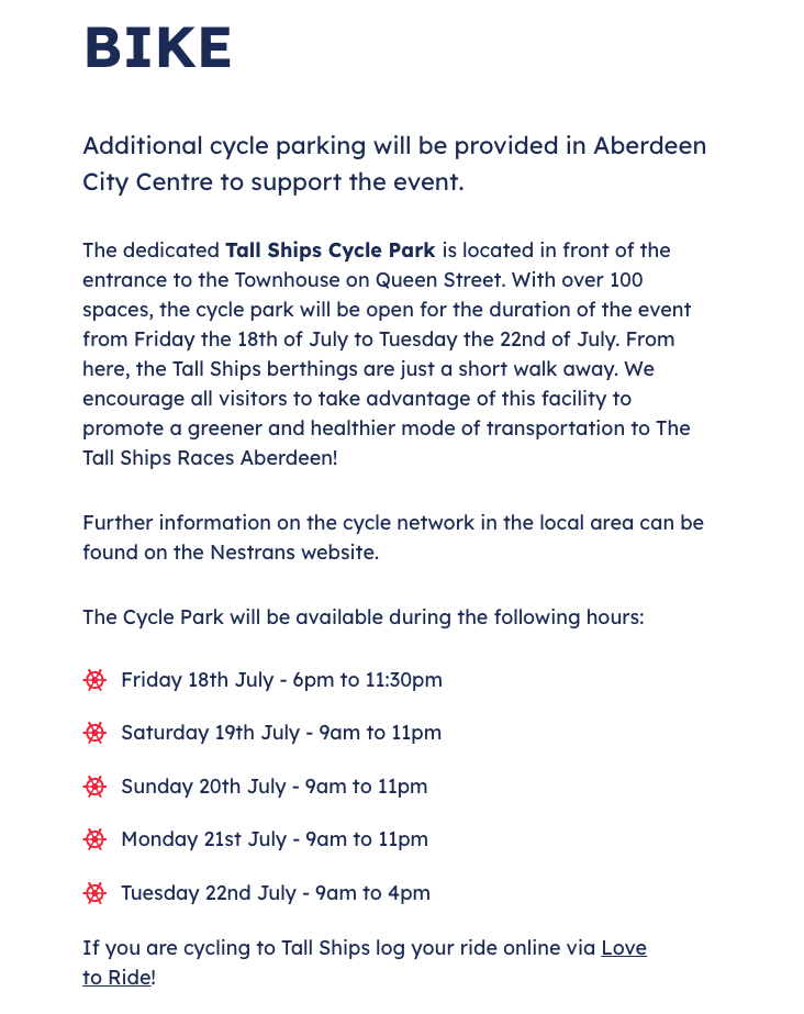 Tall ships bike info