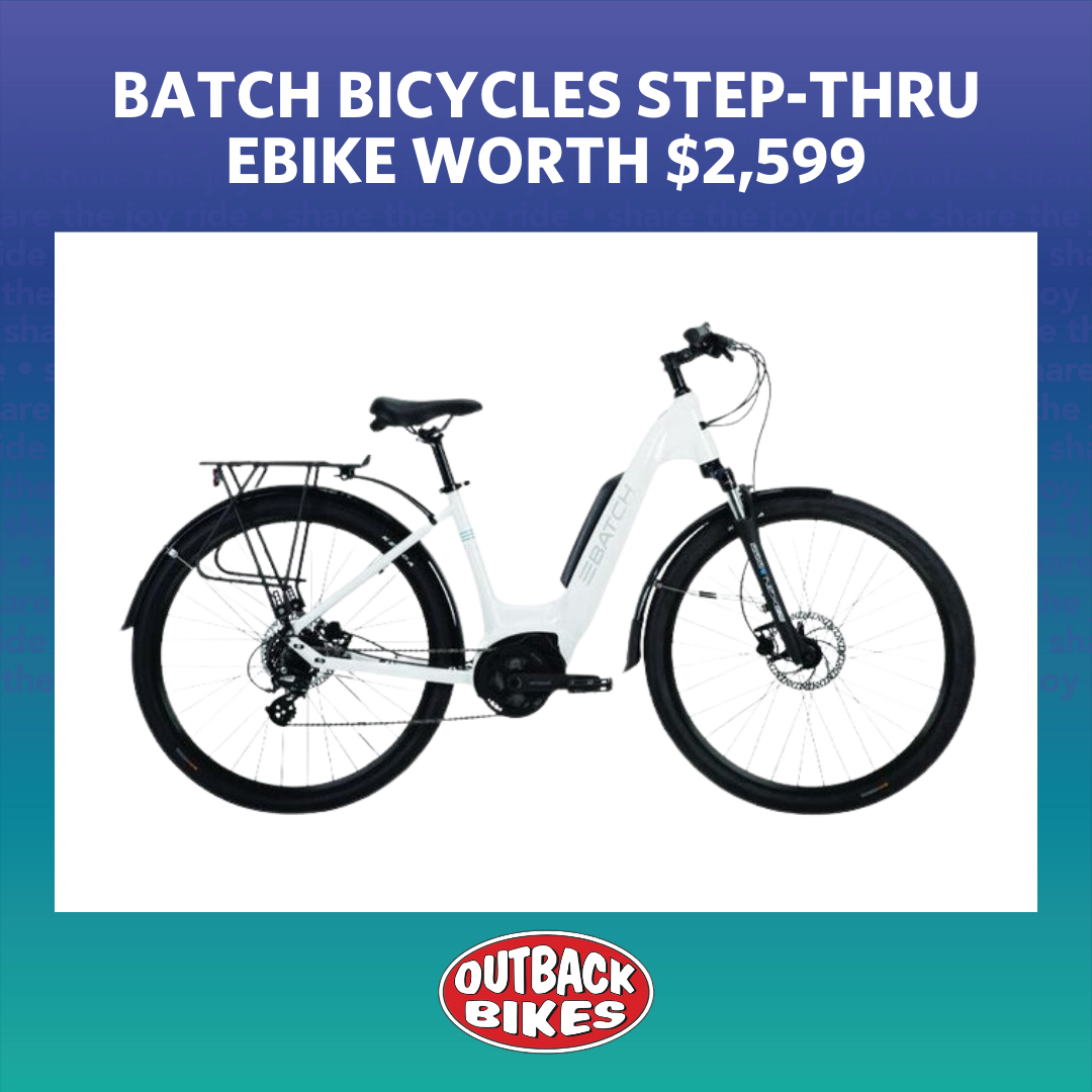 photo of a white step-thru ebike with the text "Batch Cycles Step-Thru ebike worth $2,599" and the Outback Bikes logo