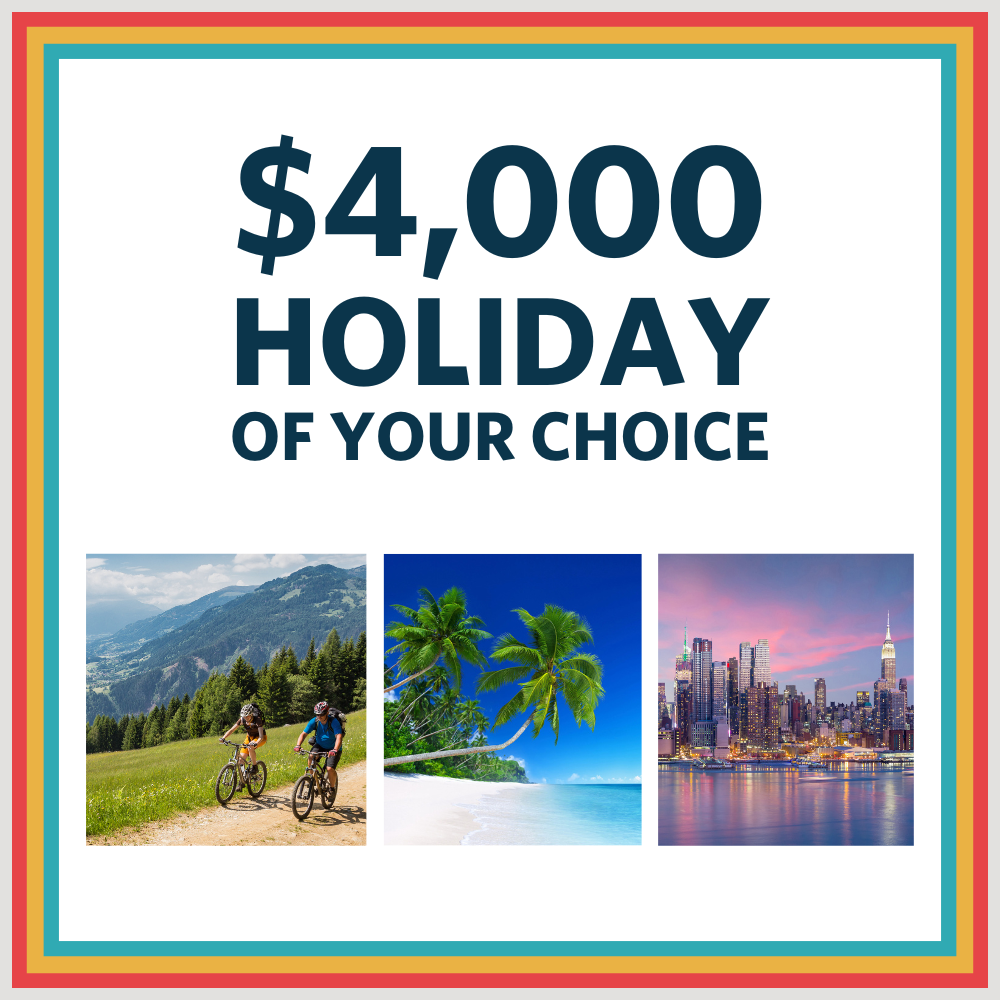 Asset showing the grand prize of a $4,000 holiday. There are three different holiday images beneath. 