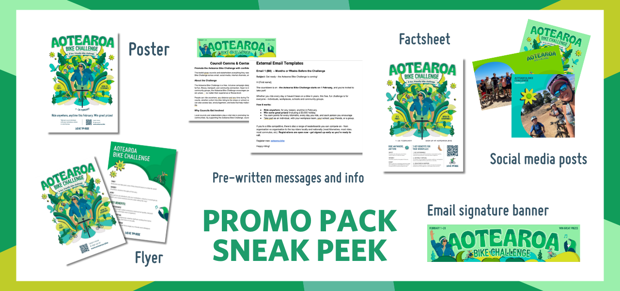 Preview of the promo pack elements including graphics to share