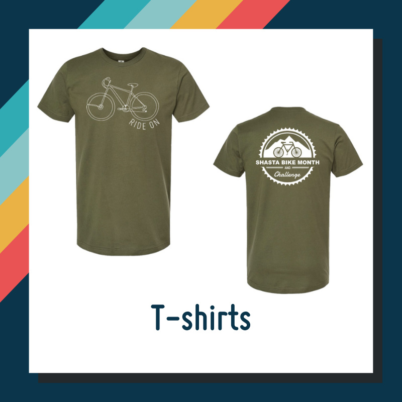 Image of the Shasta Bike Month Challenge logo and some t-shirts