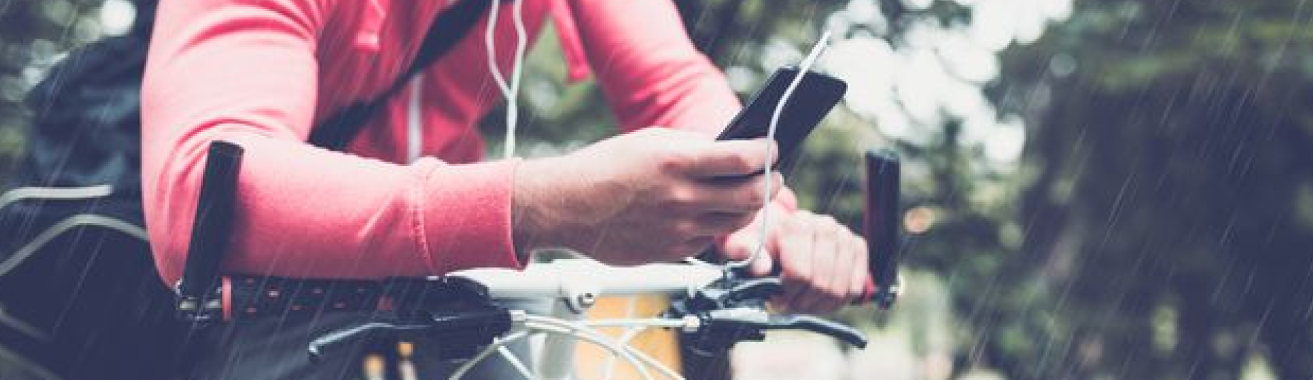 A stationary cyclist in an outdoor setting looking at their phone