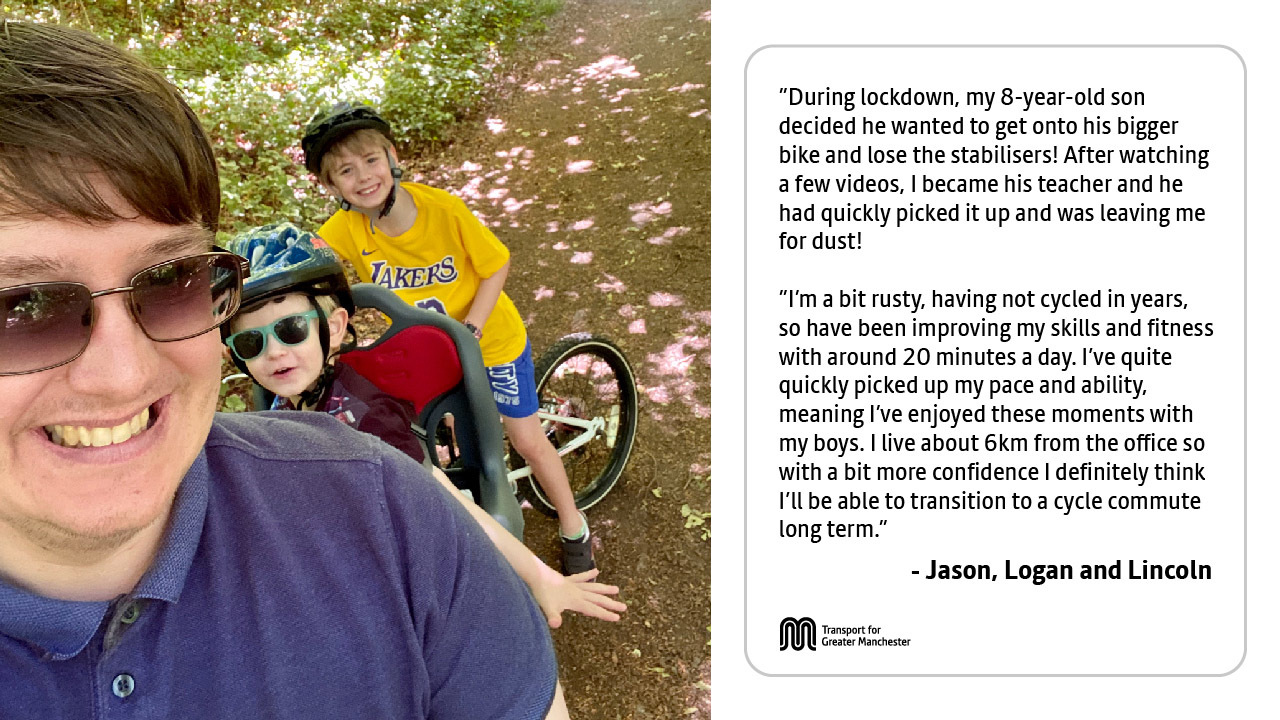 A family riding a bike with a quote